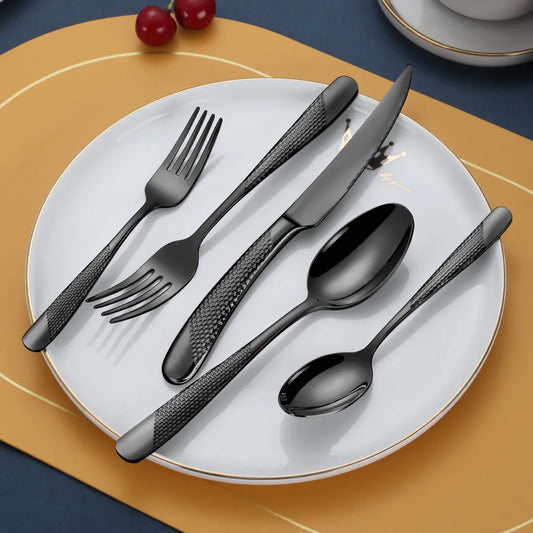 Astal Hammered Glossy Black Flatware Set