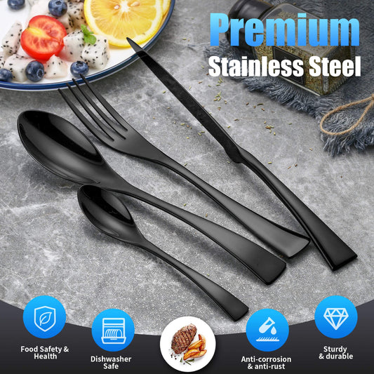 Modern Glossy Black Flatware Set With Tea spoon