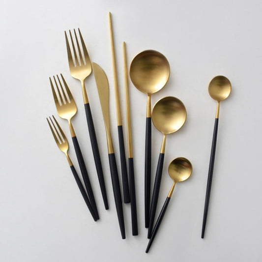 Minimalist Matte Black Gold Flatware Set - BLACK GOLD - Lemeya