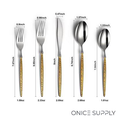 Sparkling Hammered Glossy Silver Gold Flatware Set