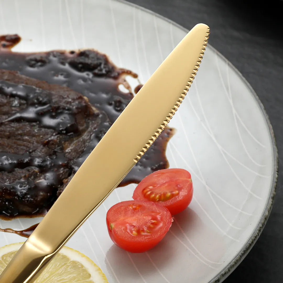 Hammered Glossy Black Gold Flatware Set