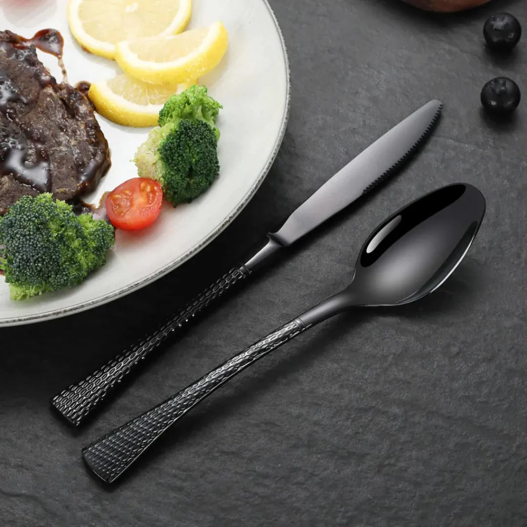 Hammered Glossy Black Flatware Set