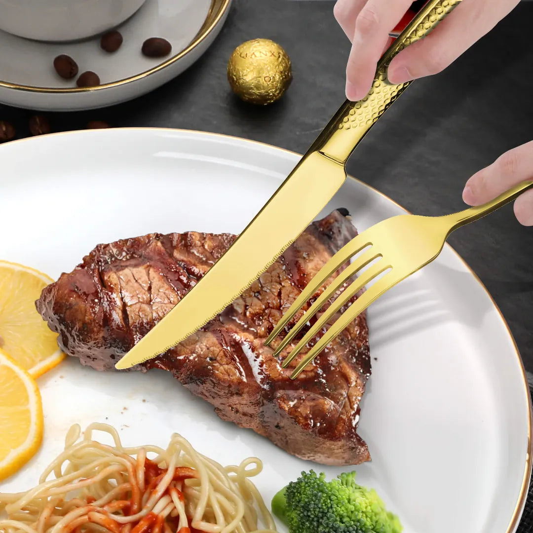 Astal Hammered Glossy Gold Flatware Set