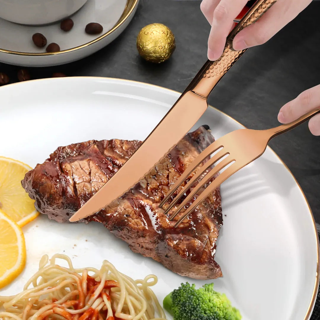 Astal Hammered Glossy Rose Gold Flatware Set