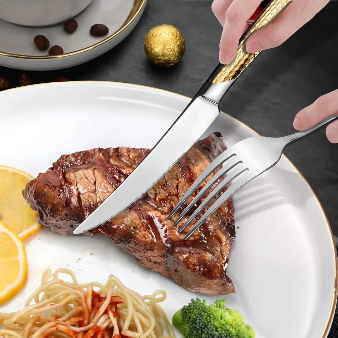 Astal Hammered Glossy Silver Gold Flatware Set