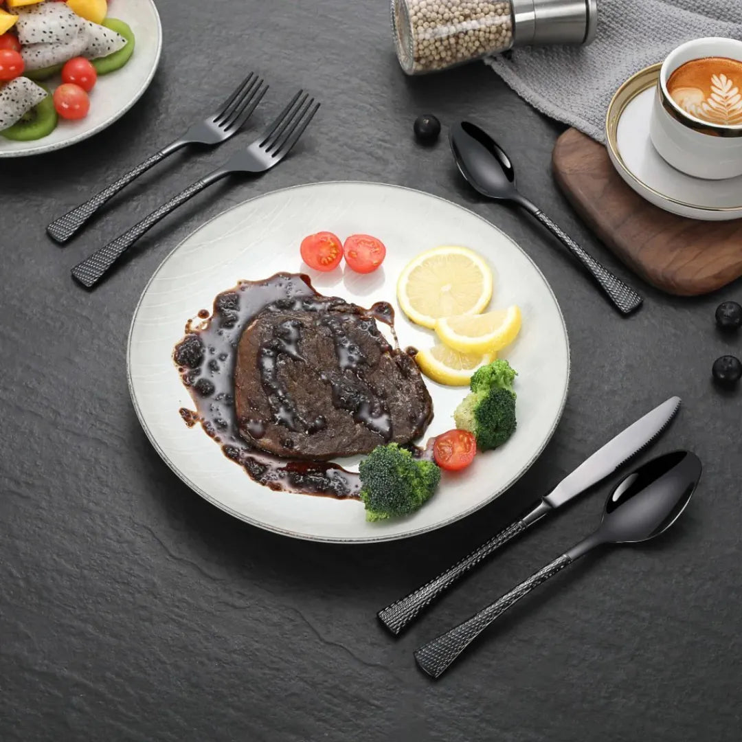 Hammered Glossy Black Flatware Set