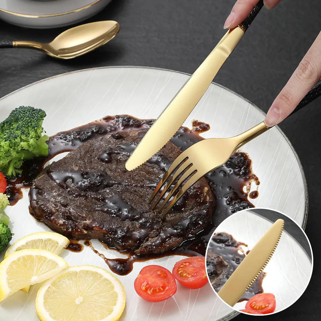 Hammered Glossy Black Gold Flatware Set