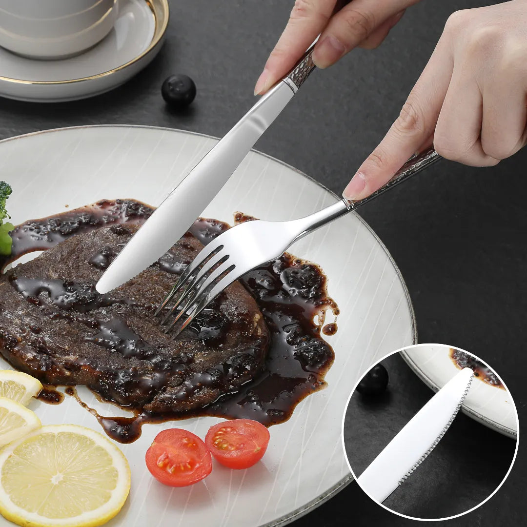 Hammered Glossy Silver Flatware Set