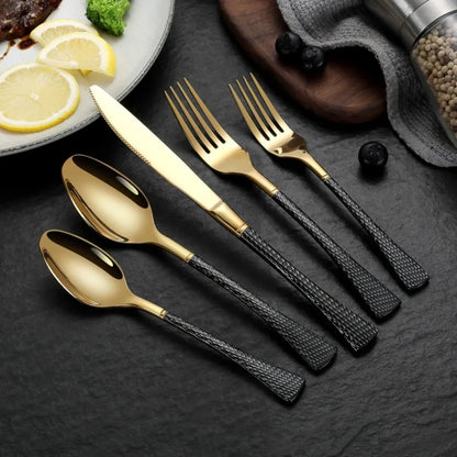 Hammered Glossy Black Gold Flatware Set