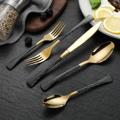 Hammered Glossy Black Gold Flatware Set