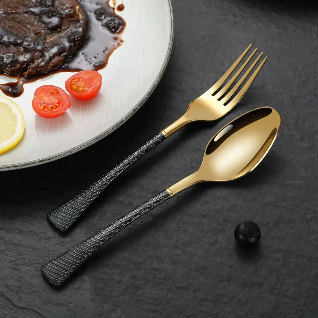 Hammered Glossy Black Gold Flatware Set