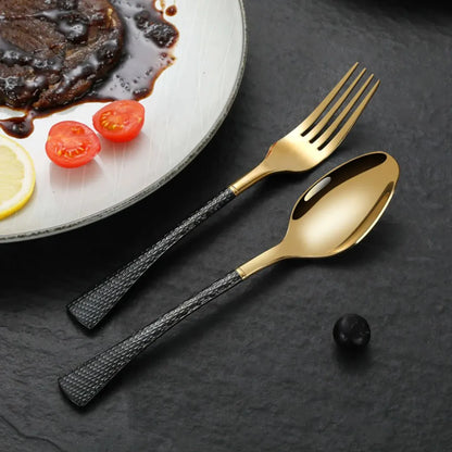 Hammered Glossy Black Gold Flatware Set