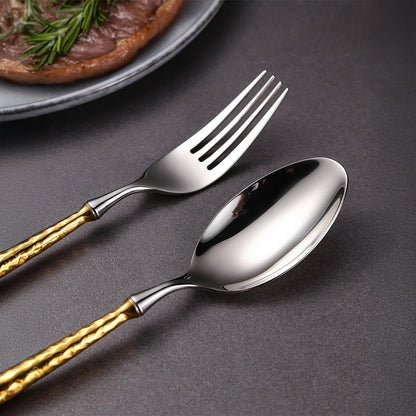 Sparkling Hammered Glossy Silver Gold Flatware Set