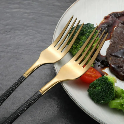 Hammered Glossy Black Gold Flatware Set