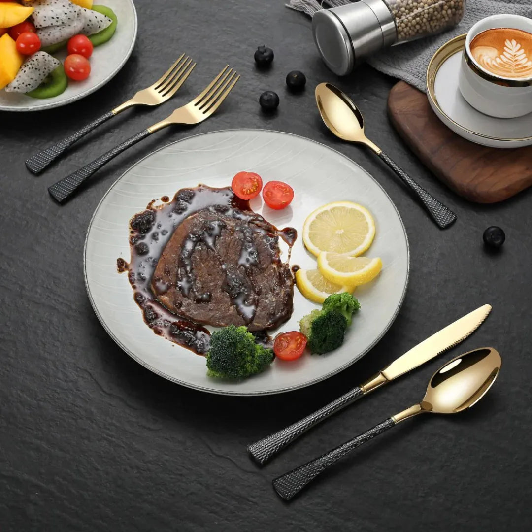 Hammered Glossy Black Gold Flatware Set