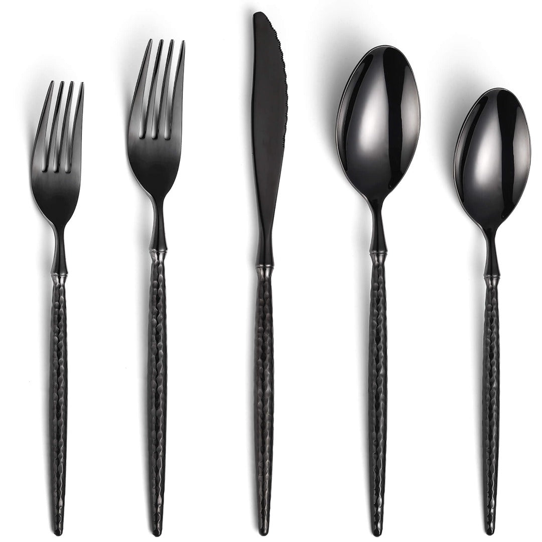 Sparkling Hammered Glossy Black Flatware Set
