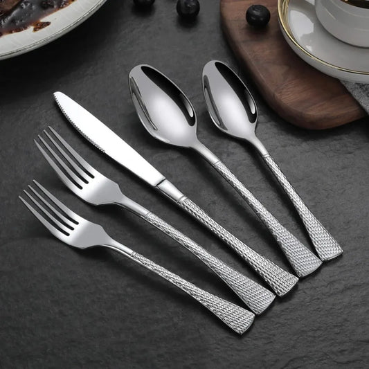 Hammered Glossy Silver Flatware Set