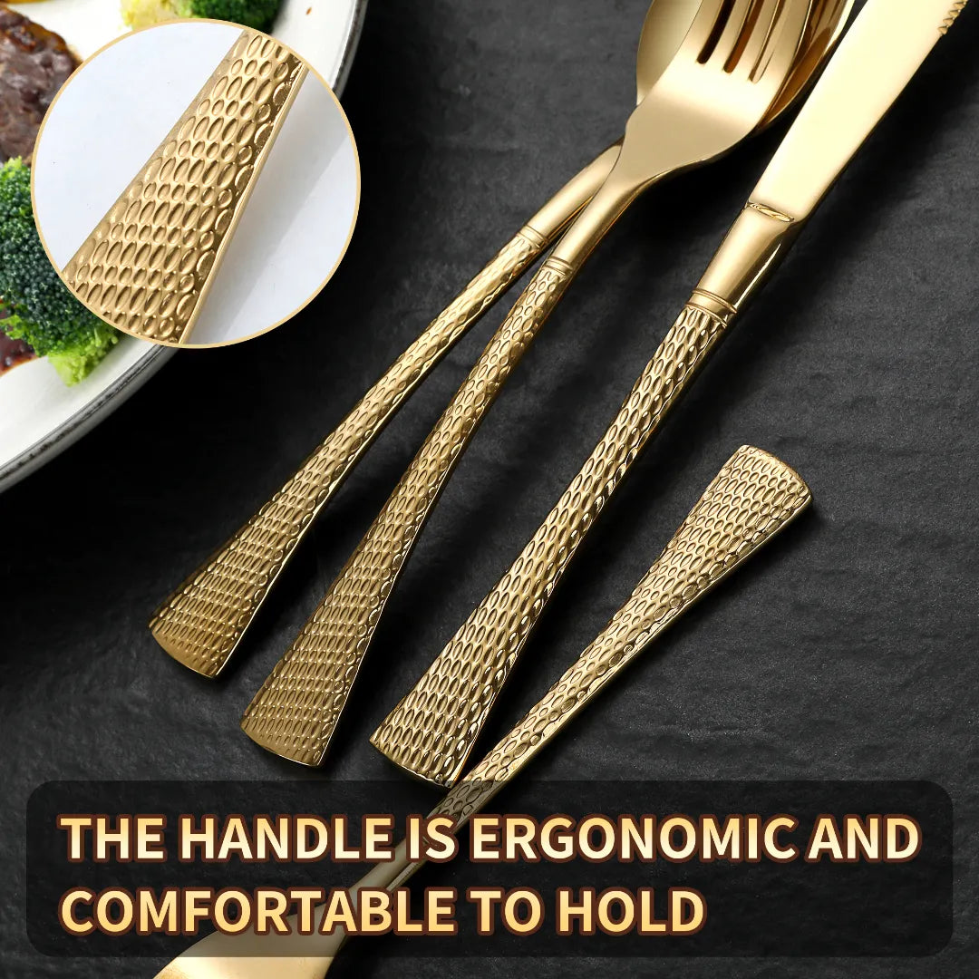 Hammered Glossy Gold Flatware Set