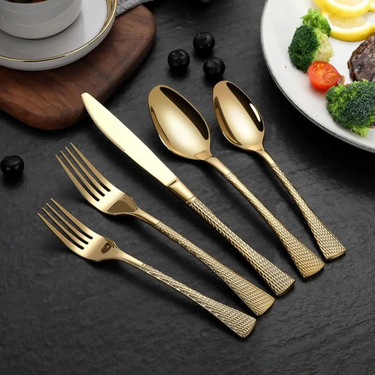 Hammered Glossy Gold Flatware Set