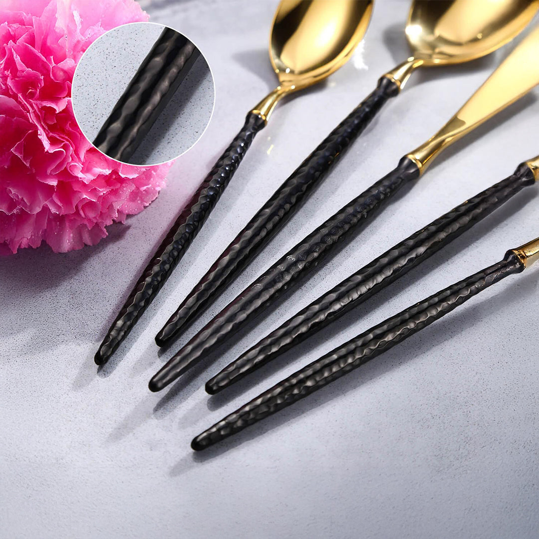 Sparkling Hammered Glossy Black Gold Flatware Set