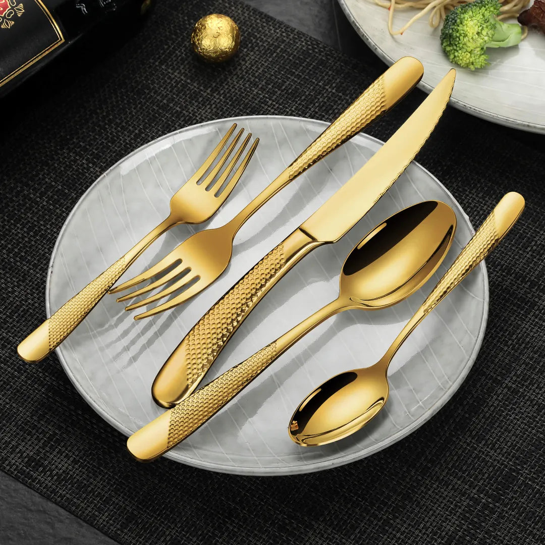 Astal Hammered Glossy Gold Flatware Set