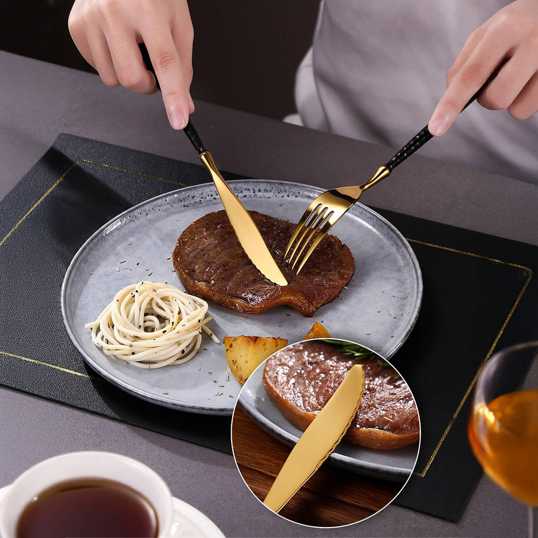 Sparkling Hammered Glossy Black Gold Flatware Set