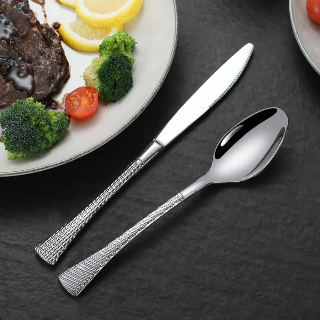 Hammered Glossy Silver Flatware Set