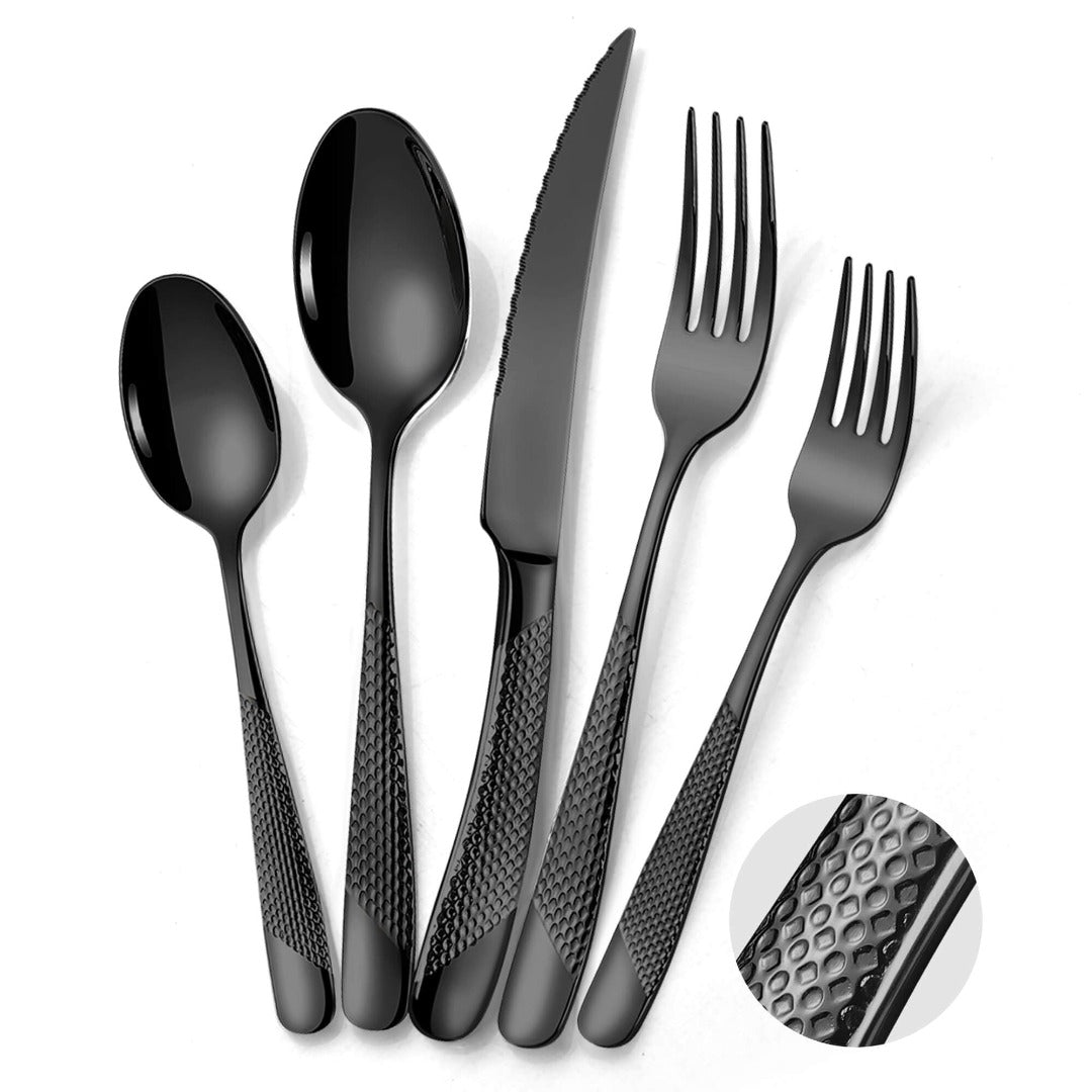 Astal Hammered Glossy Black Flatware Set