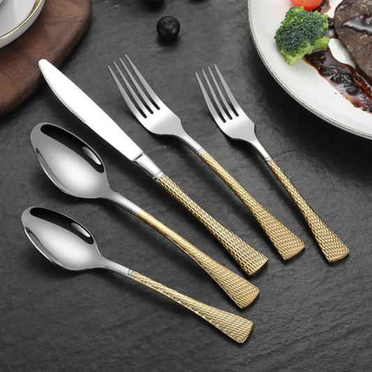 Hammered Glossy Silver Gold Flatware Set