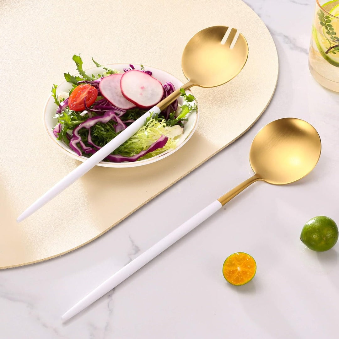 Salad Serving Matte White Gold Utensils Set