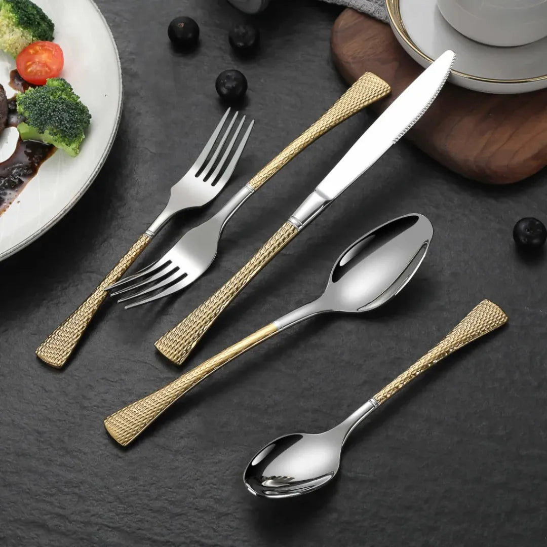Hammered Glossy Silver Gold Flatware Set