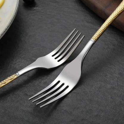 Hammered Glossy Silver Gold Flatware Set