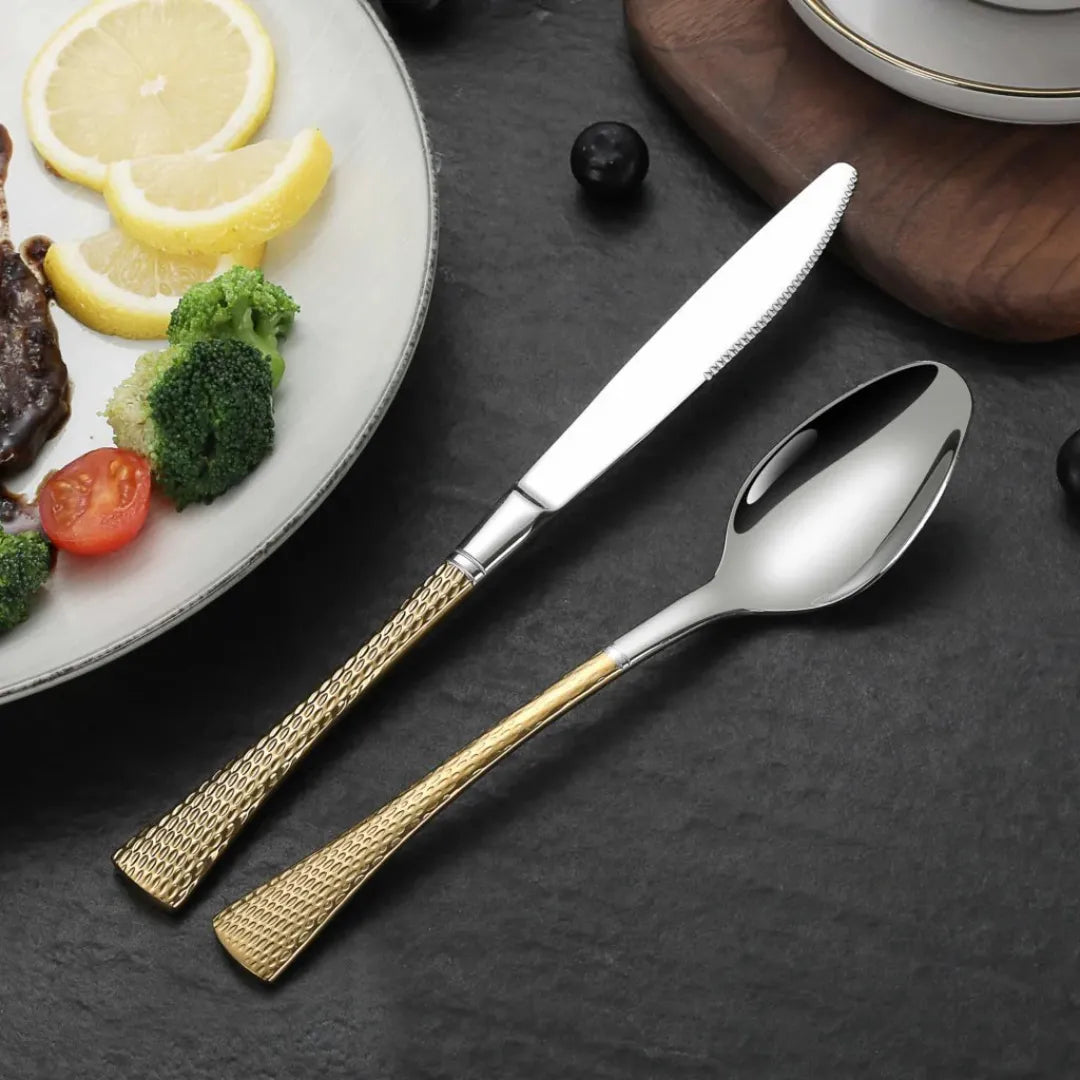 Hammered Glossy Silver Gold Flatware Set