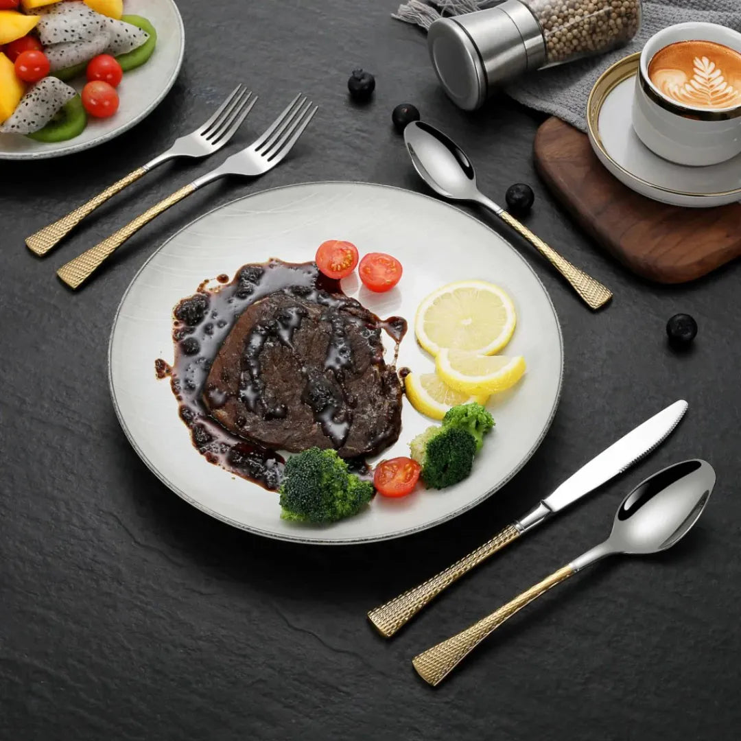 Hammered Glossy Silver Gold Flatware Set