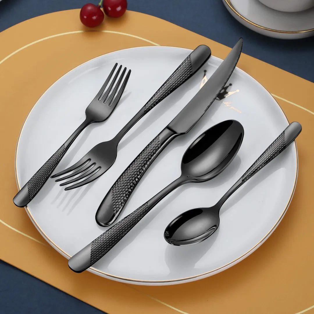 Astal Hammered Glossy Black Flatware Set