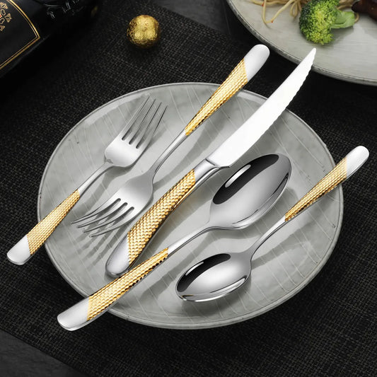 Astal Hammered Glossy Silver Gold Flatware Set
