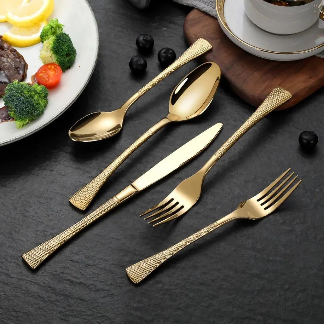 Hammered Glossy Gold Flatware Set
