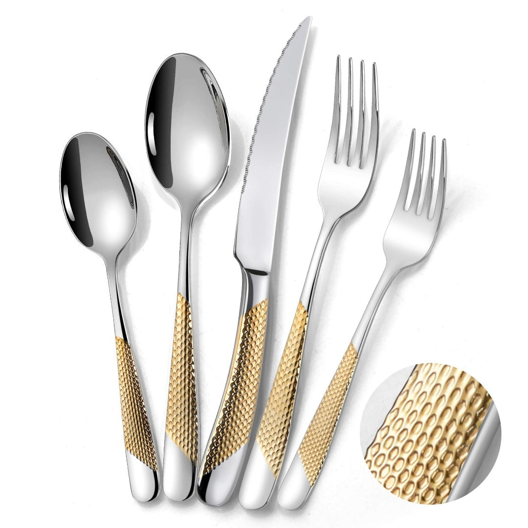Astal Hammered Glossy Silver Gold Flatware Set