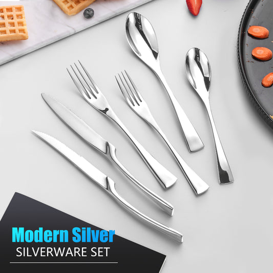 Modern Glossy Silver Flatware Set With Steak Knife