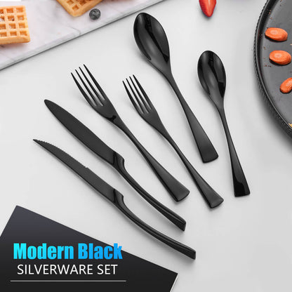 Modern Glossy Black Flatware Set With Steak Knife