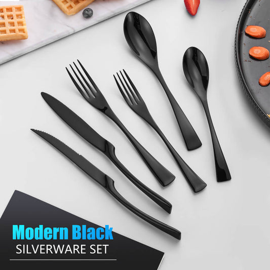 Modern Glossy Black Flatware Set With Steak Knife