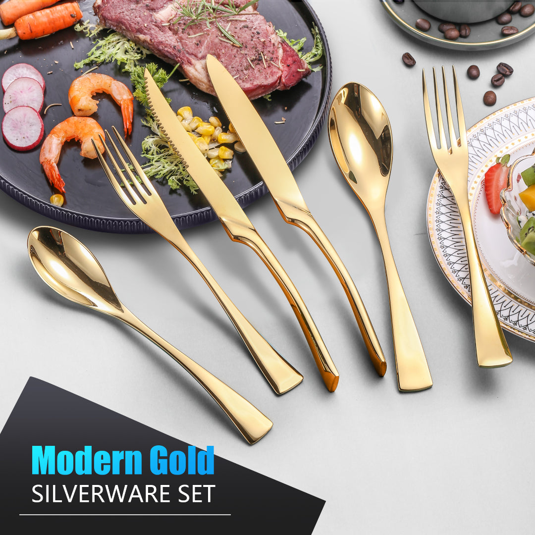 Modern Glossy Gold Flatware Set With Steak Knife
