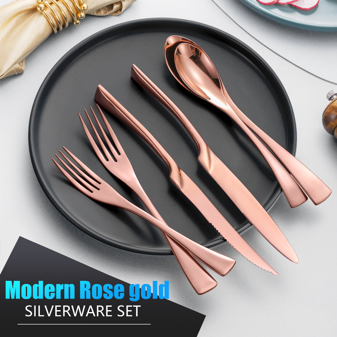 Modern Glossy Rose Gold Flatware Set With Steak Knife