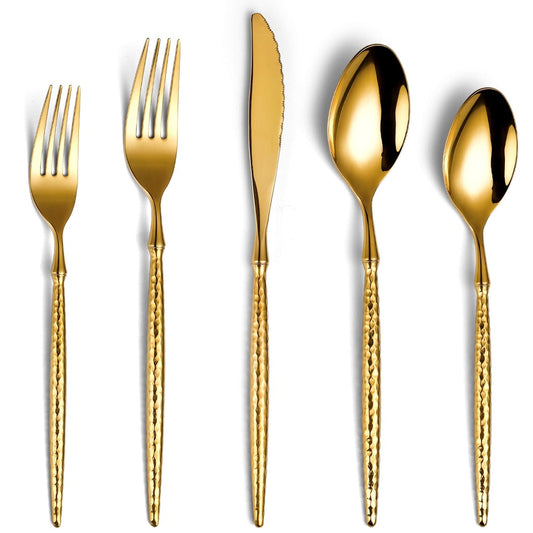 Sparkling Hammered Glossy Gold Flatware Set