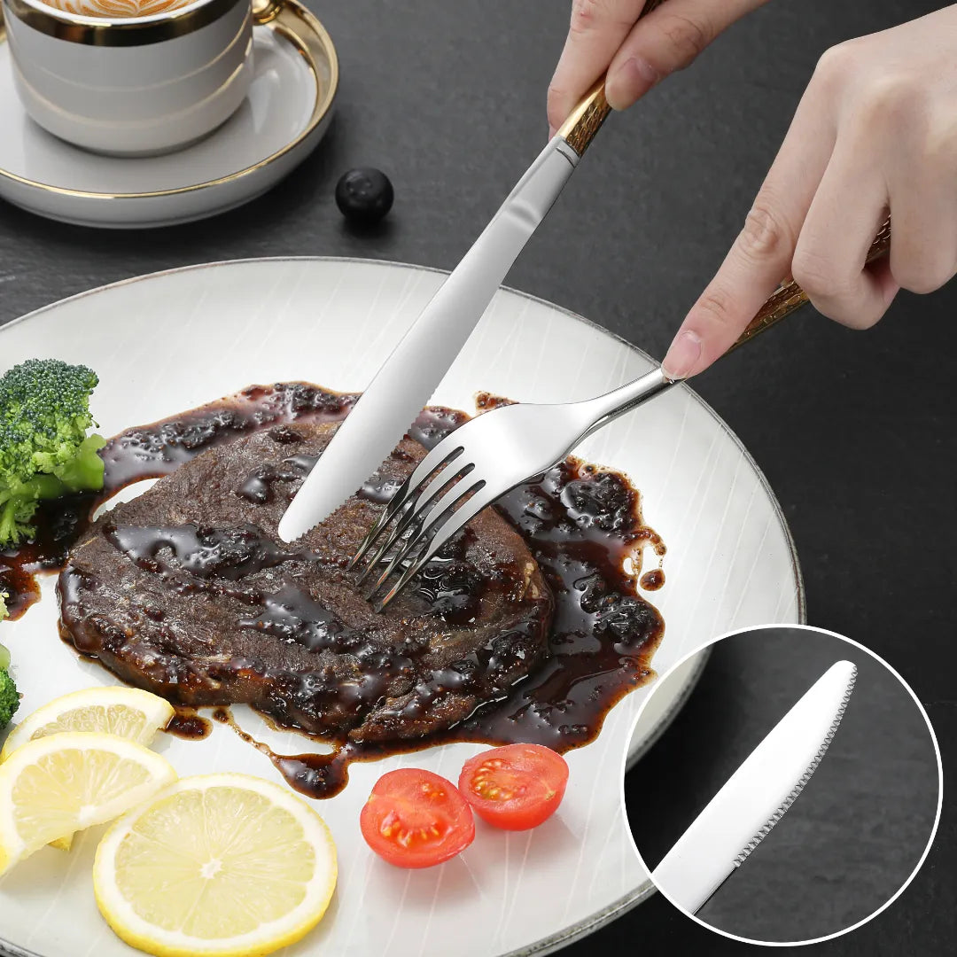 Hammered Glossy Silver Gold Flatware Set