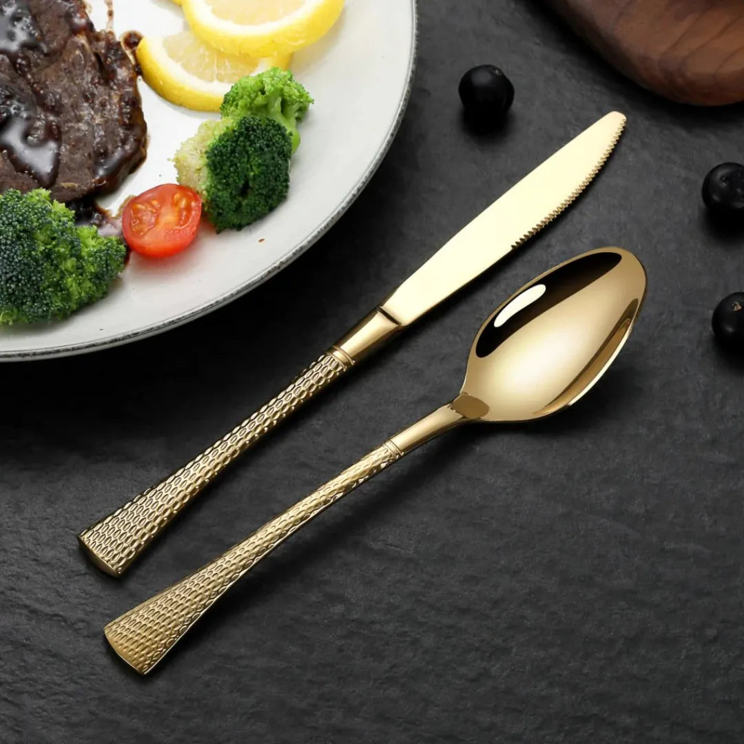Hammered Glossy Gold Flatware Set