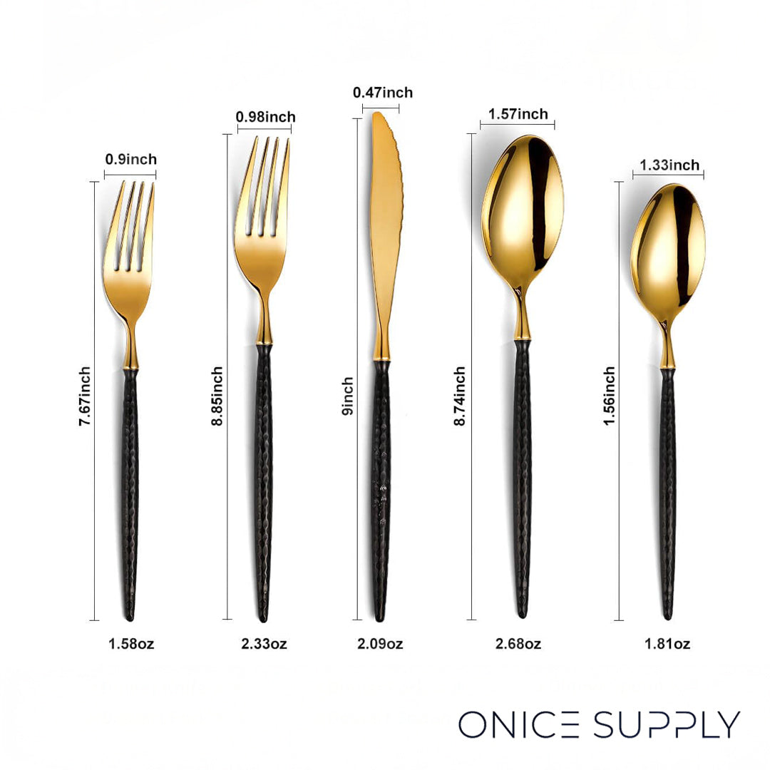 Sparkling Hammered Glossy Black Gold Flatware Set