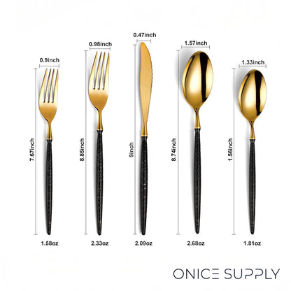 Sparkling Hammered Glossy Black Gold Flatware Set