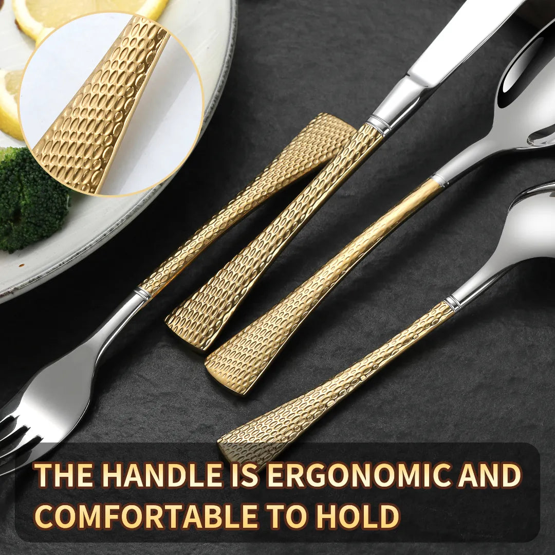 Hammered Glossy Silver Gold Flatware Set