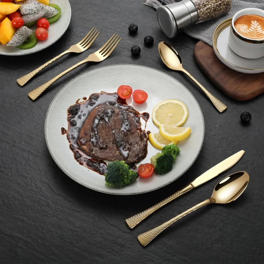 Hammered Glossy Gold Flatware Set